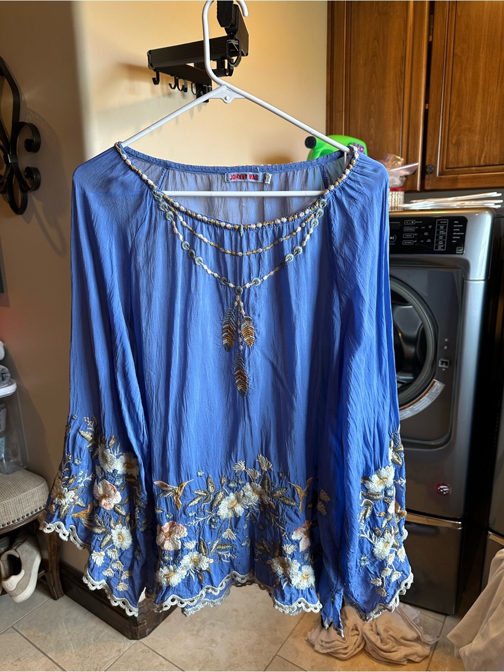 Johnny Was Periwinkle Blue Embroidered Tunic with Beaded Neckline